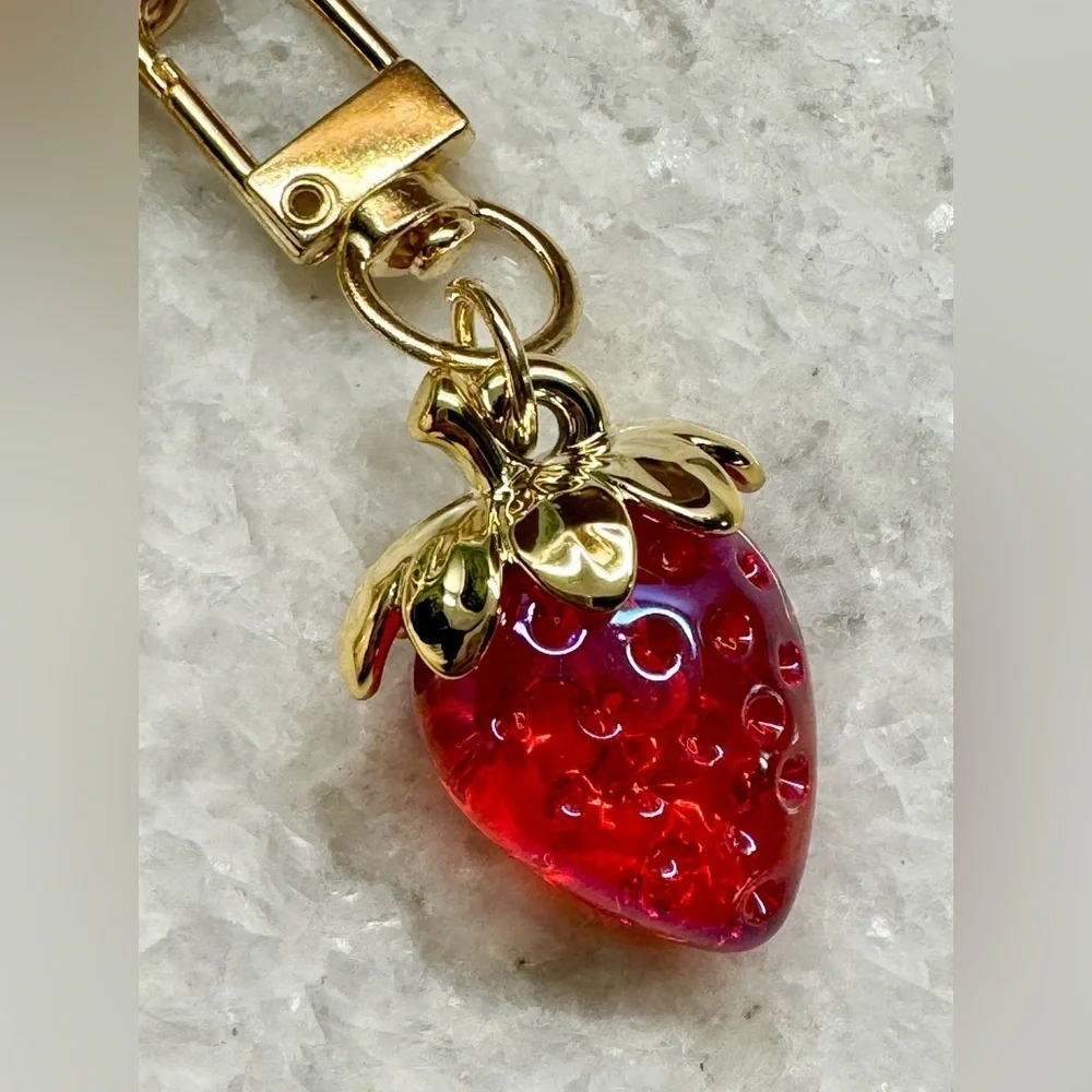 New White Faux Leather Mini Bag Purse Charm Keychain w/ Strawberry & Pom Pom
